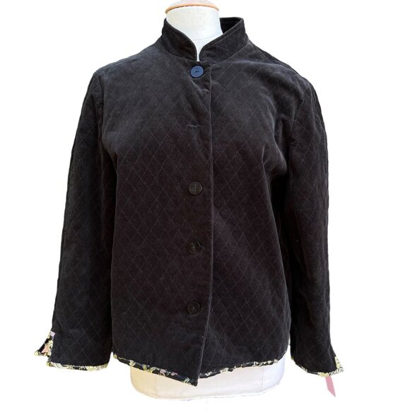 Hearts of Palm Black Quilted Velvet Asian Button-Up Jacket High Collar 12 - READ - Picture 1 of 6